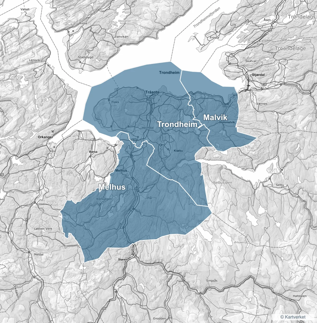 Kart over Trøndelag der Trondheim, Melhus og Malvik er markert som Midt Inneklimas dekningsområde